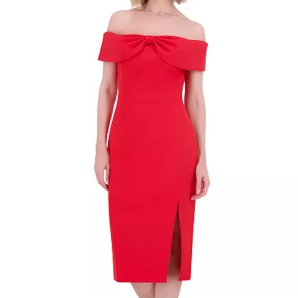 NWT Eliza J Off-Shoulder Bow Crepe Midi Dress Red Size 4